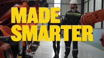 Graphic promoting funding support for manufacturers through Made Smarter South West. Text highlights funding to improve efficiency, with an image of a factory setting and industrial machinery. Partner organisation logos are displayed beneath the main message.